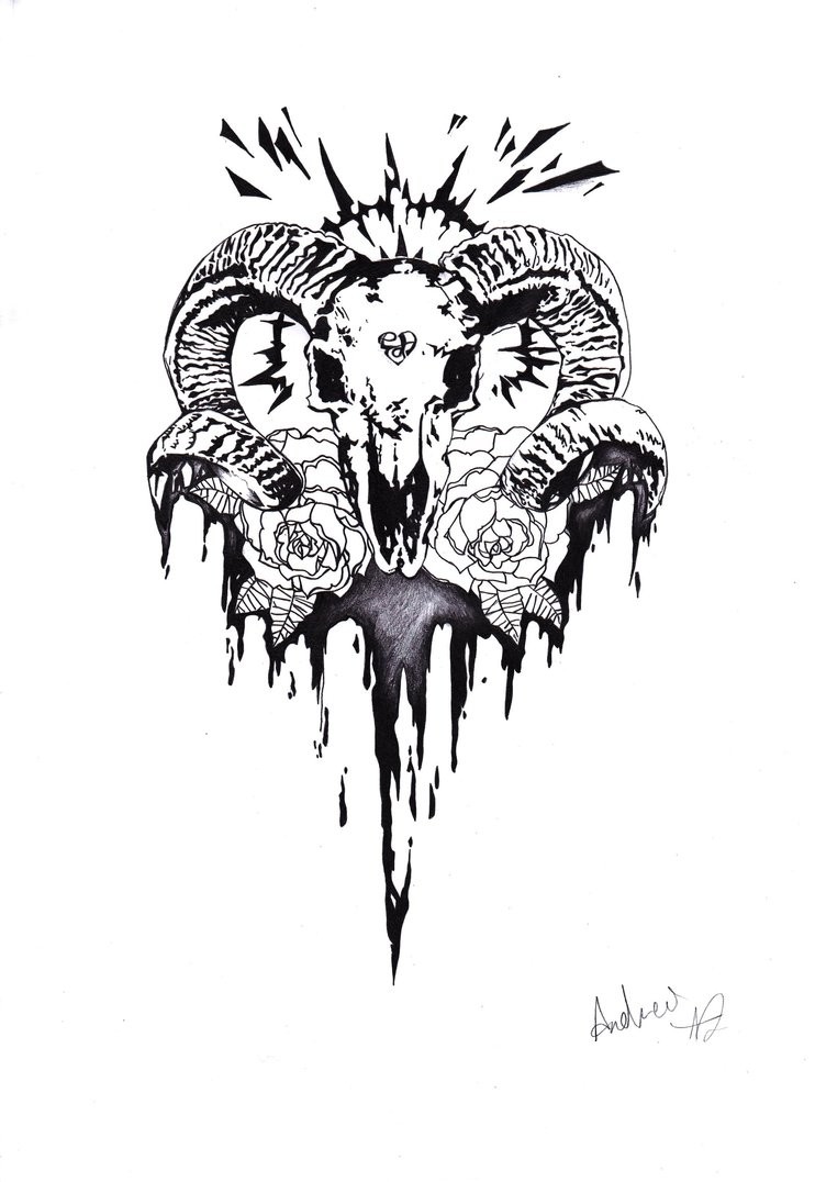 Black-and-grey ram skull with flowers on shining background tattoo