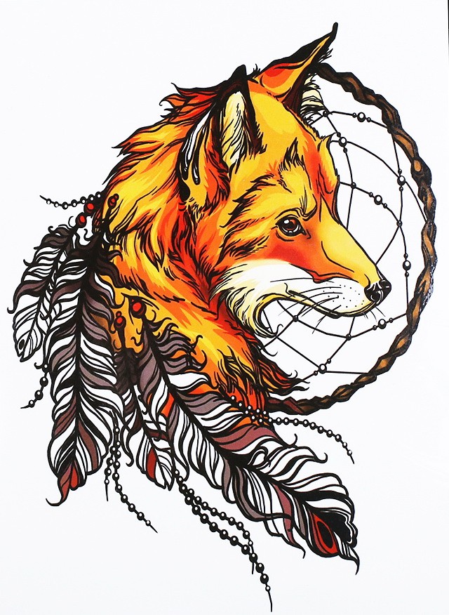 Brigth orange native fox head with dream catcher and feathers tattoo ...