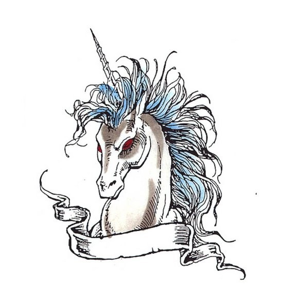 Evil red-eyed unicorn with blue mane and empty banner tattoo design