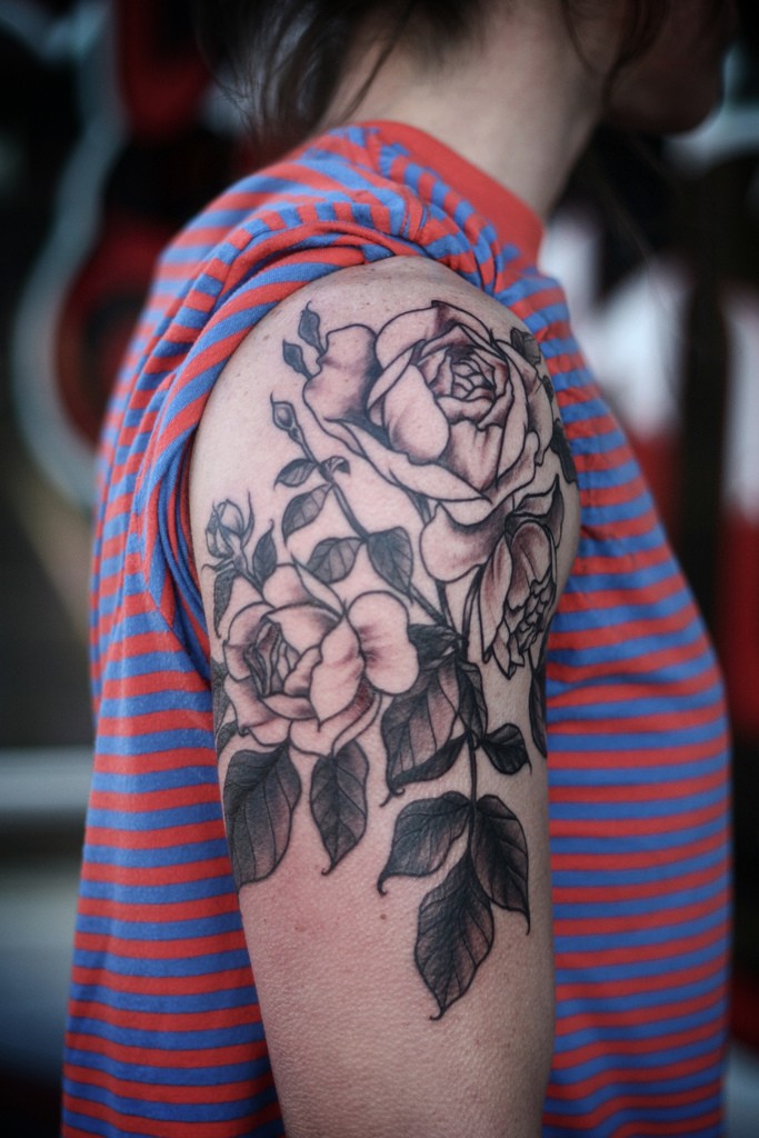 Great black-and-white vintage rose flowers tattoo on upper ...