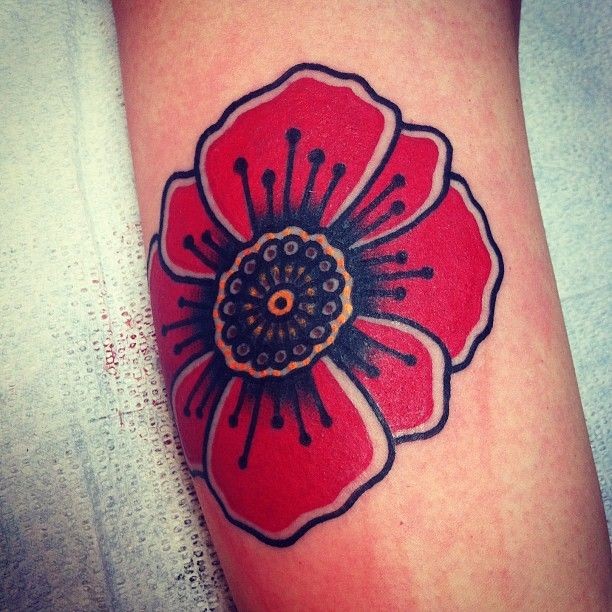 Old school poppy flower tattoo on arm - Tattooimages.biz