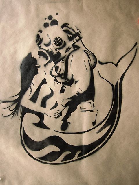 Romantic Lack Ink Mermaid Kissing A Diver Tattoo Design Tattooimages Biz