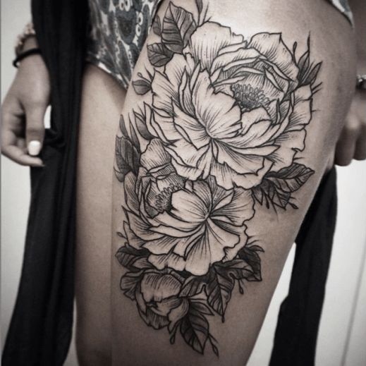 Rough Sided Black And White Flower Tattoo On Thigh Tattooimagesbiz 