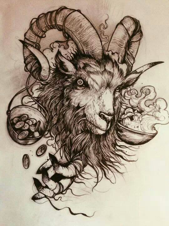 Scary ram with coins and human hand tattoo design