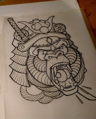 Traditional outline gorilla samurai in armour tattoo design