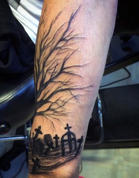 Amazing Looking Black Ink Forearm Tattoo Of Lonely Tree With Dark