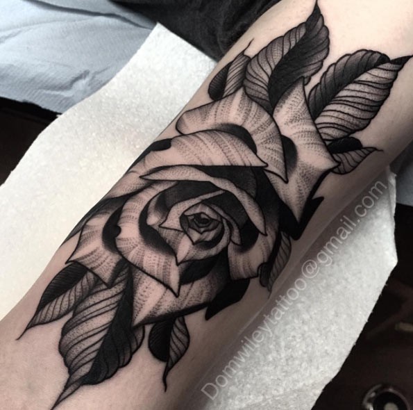 Big Black Ink Very Detailed Rose Flower Tattoo On Forearm Tattooimages