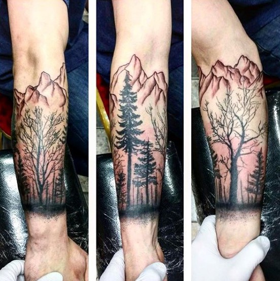 Colored forearm tattoo of typical mountain forest - Tattooimages.biz