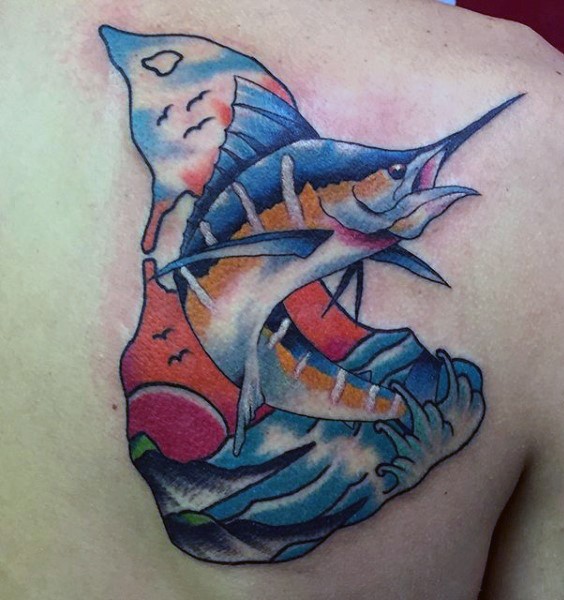 Cool painted colored big ocean fish tattoo on shoulder