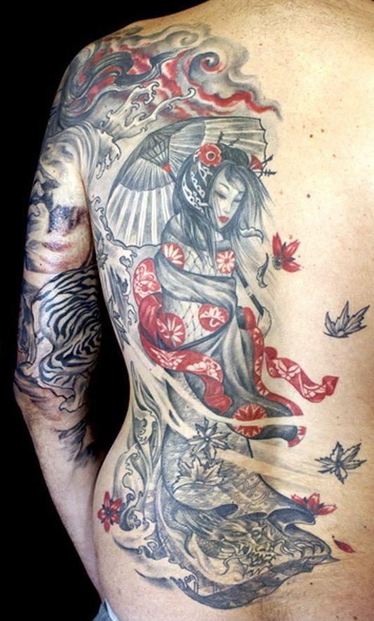 Gray Red Japanese Geisha Tattoo On Back For Men Tattooimages Biz