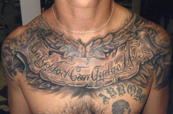 Quote and patterns tattoo on chest for men - Tattooimages.biz