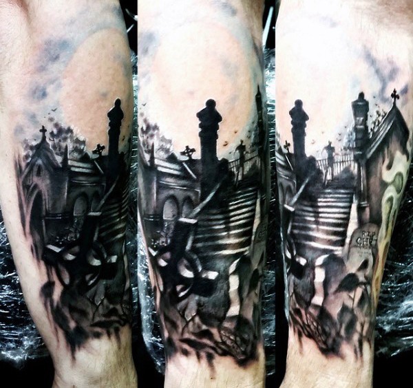 Real Photo Like Black And White Night Cemetery Tattoo On Forearm With