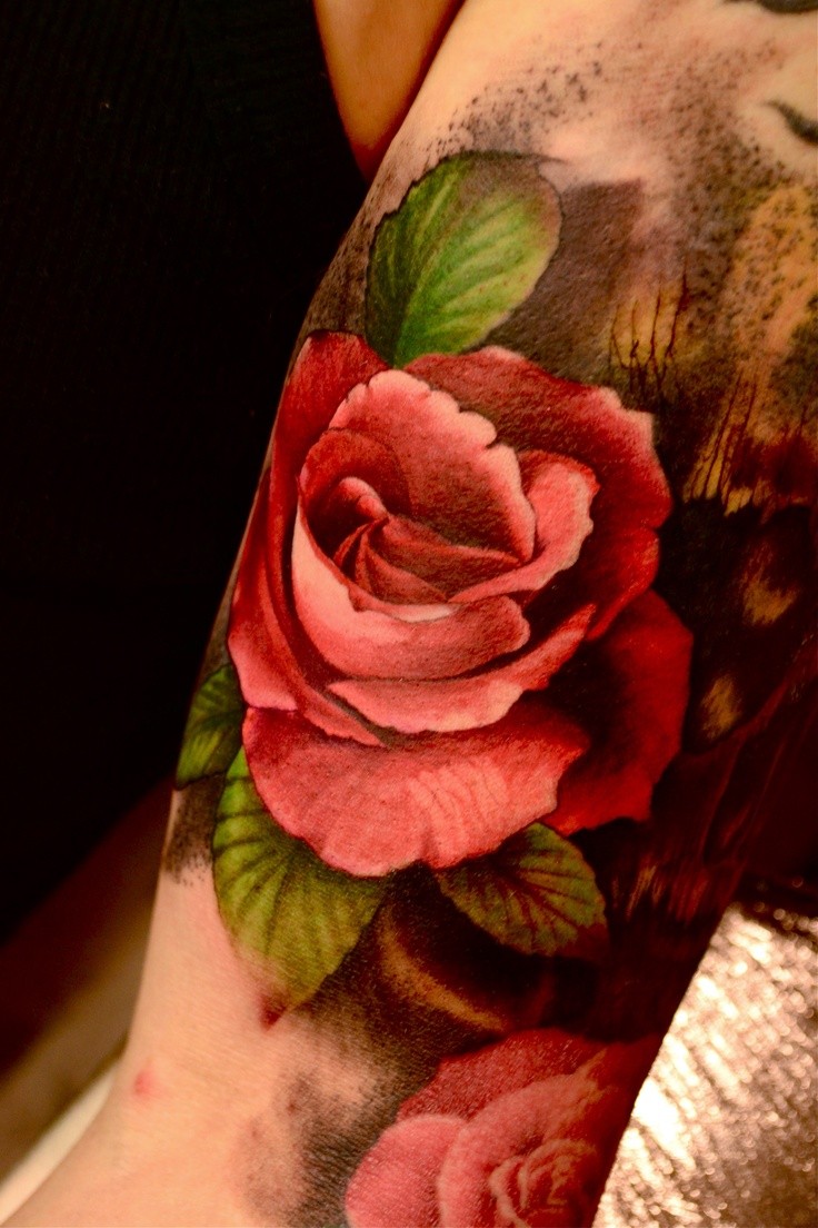 Black And Red Rose Sleeve Tattoo