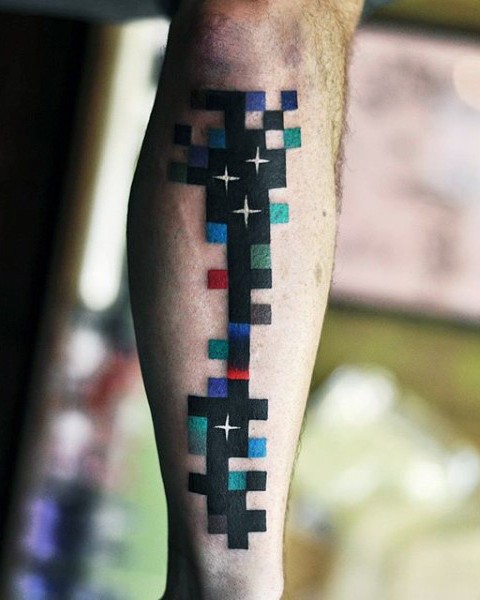 2D style colored arm tattoo