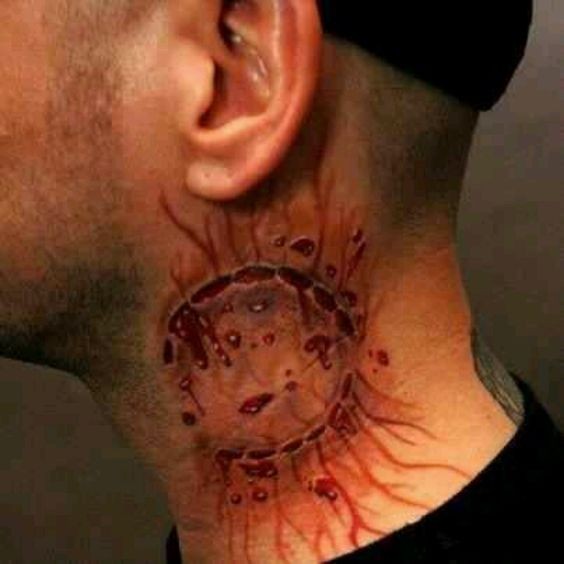 3D awesome detailed colreod bloody zombie bite tattoo on neck