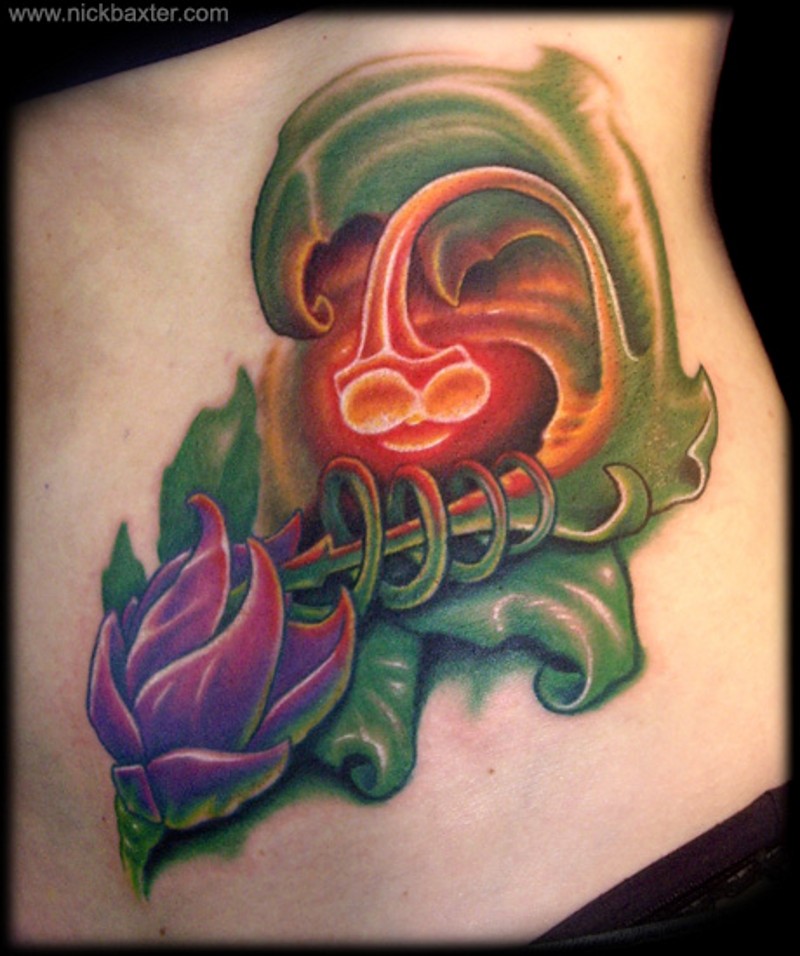 3D beautiful painted glowing flower tattoo on side
