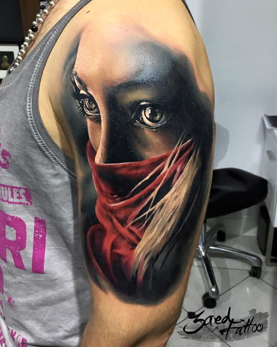 3d beautiful portrait of a girl tattoo on shoulder
