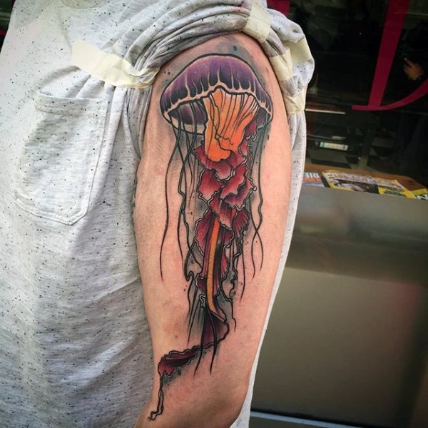 3D big colorful jelly-fish tattoo on shoulder zone