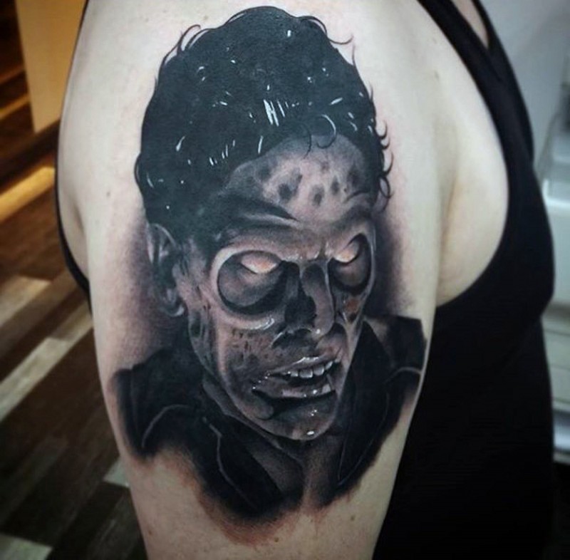 3D black and white horror movie monster tattoo on upper arm