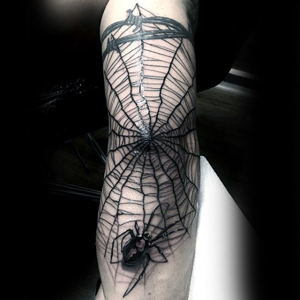 3D black ink big arm tattoo of spider web with realistic looking spider