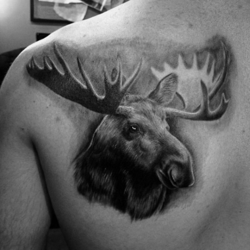 3D breathtaking black ink shoulder tattoo of big elk