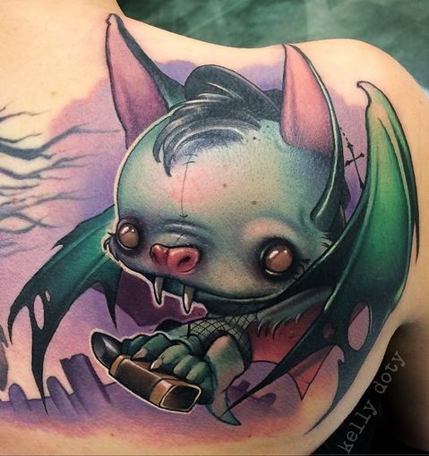 3D cartoon like colored detailed shoulder tattoo on monster bat