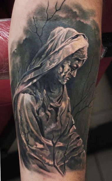 3D colored and detailed dramatic forearm tattoo of corrupted old statue