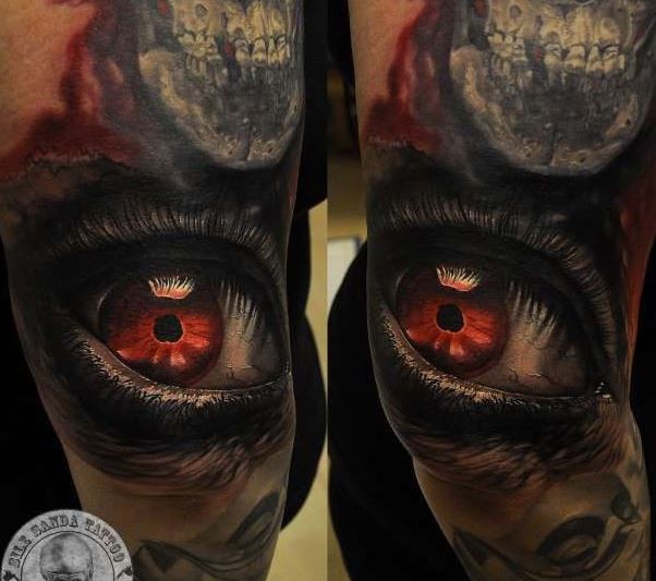 3d dark eye with red pupil tattoo by Sile Sanda