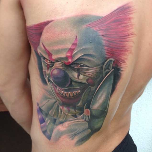 3D detailed and colored smiling clown tattoo on back area