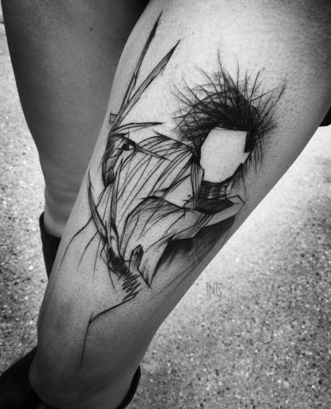 3D detailed black ink thigh tattoo of Edward Scissorhands sketch