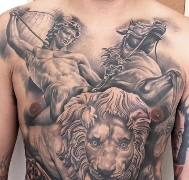 3D detailed colored massive on chest  tattoo of various antic statues