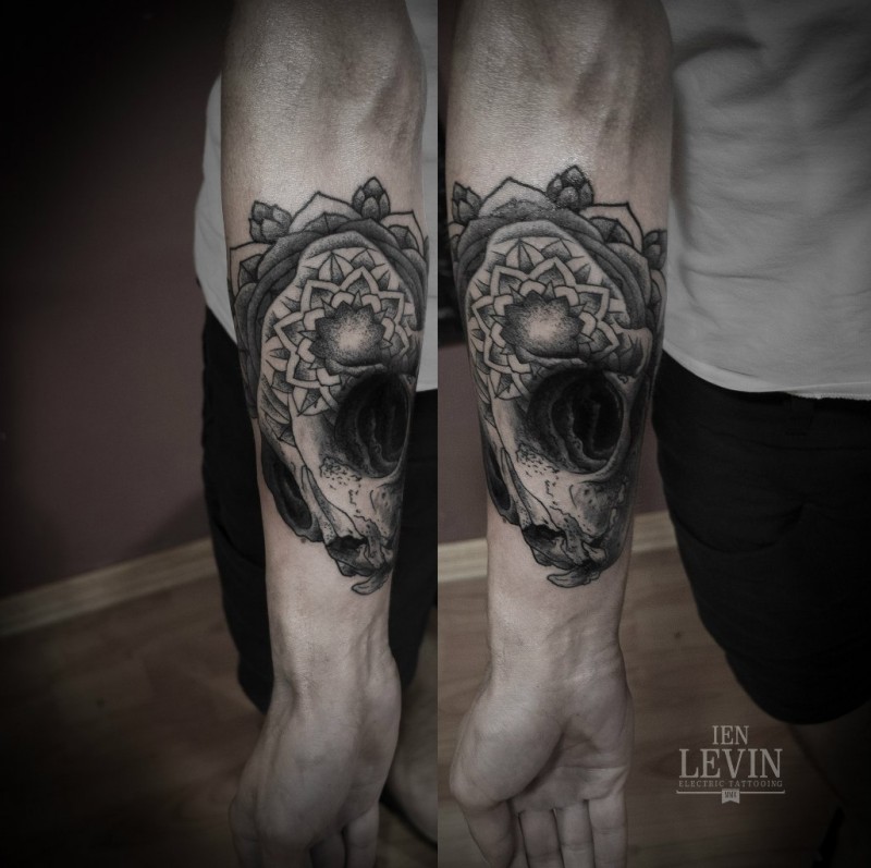 3D dot style forearm tattoo of mysterious cat skull with ornaments