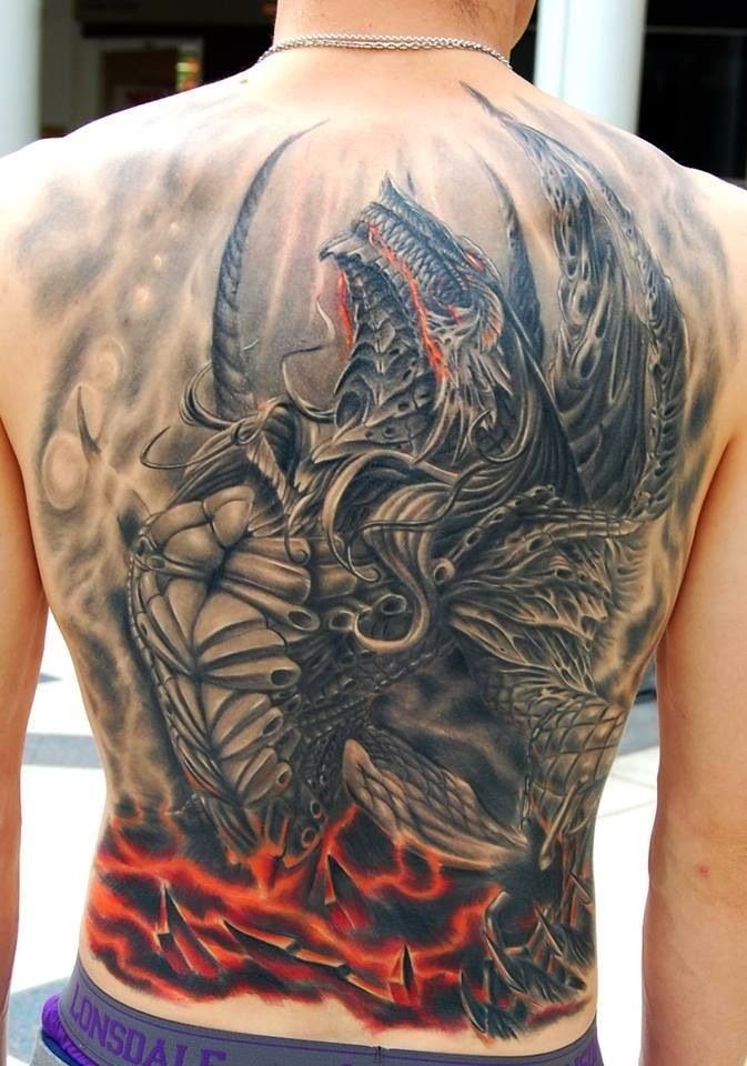 3D gorgeous colored massive whole back tattoo of demonic dragon