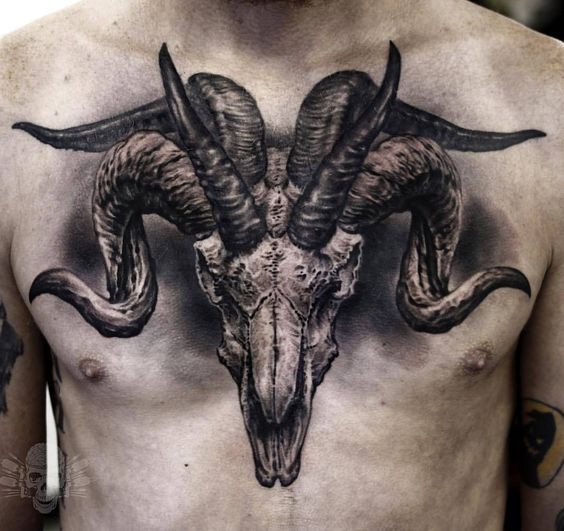 3D gorgeous painted chest tattoo of demonic animal skull