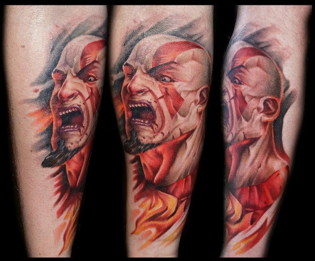 3D incredible colored forearm tattoo on evil barbarian face
