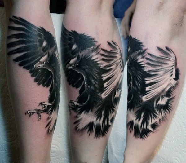 3D like awesome detailed black and white flying eagle tattoo on arm
