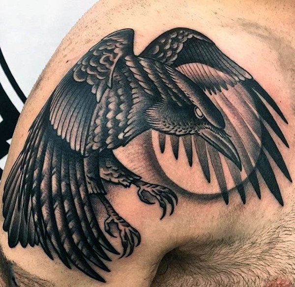 3D like big black and white mystic crow tattoo on arm top