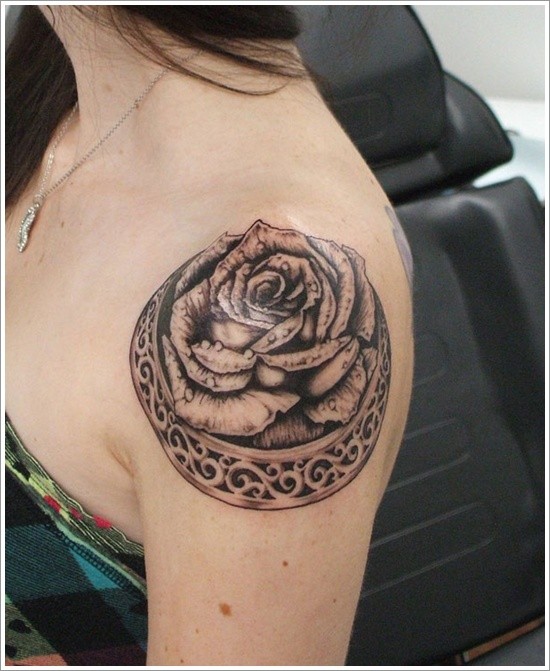 3D like big black and white rose tattoo with ornaments on shoulder