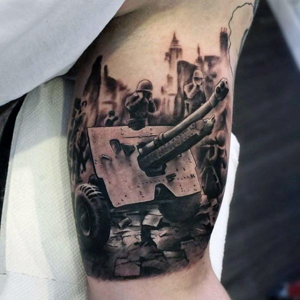 3D like big black and white WW2 fight tattoo on arm
