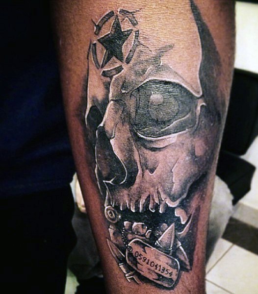 3D like big black ink skull with star tattoo on arm