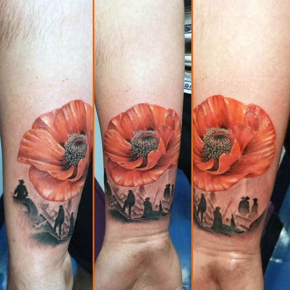 3D like big red flower with little people tattoo on wrist