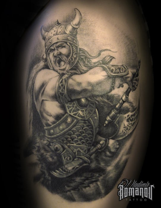 3D like big very detailed black and white shoulder tattoo of fighting viking warrior
