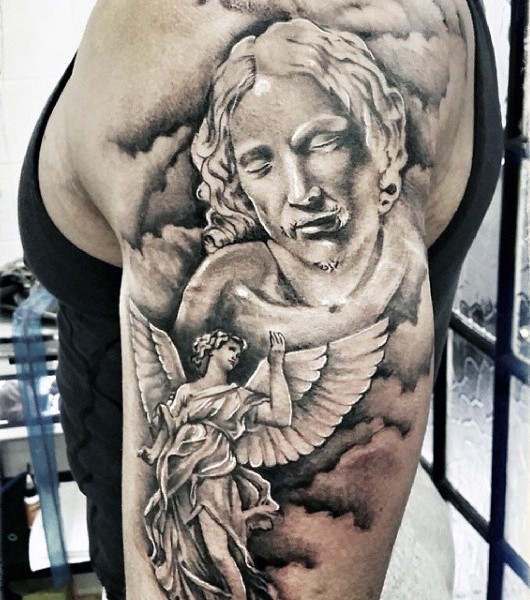 3D like black and white big angel statues tattoo on arm