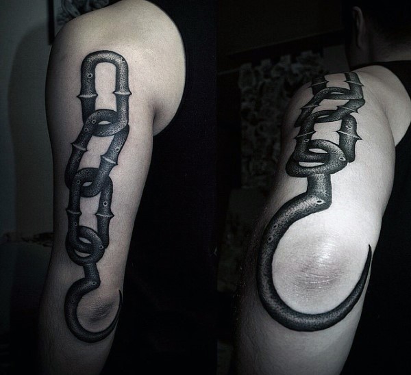 3D like black and white chained hook tattoo on arm