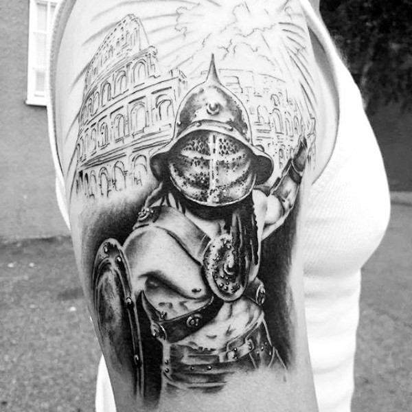 3d like black and white detailed antic gladiator tattoo on shoulder