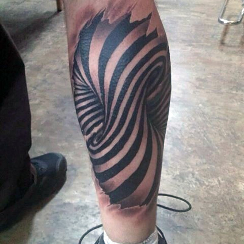 3D like black and white hypnotic ornament tattoo on leg