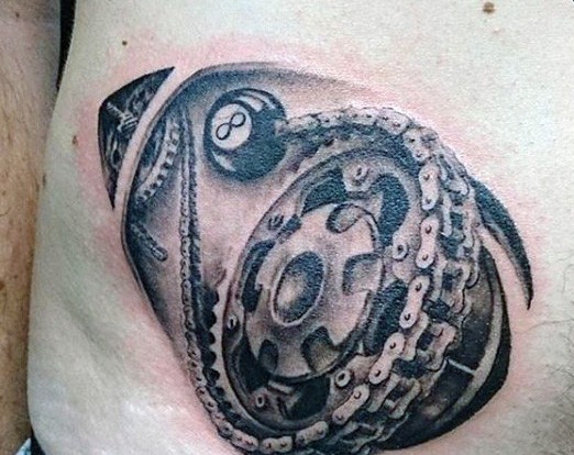 3D like black and white mechanical tattoo with pool ball tattoo on side