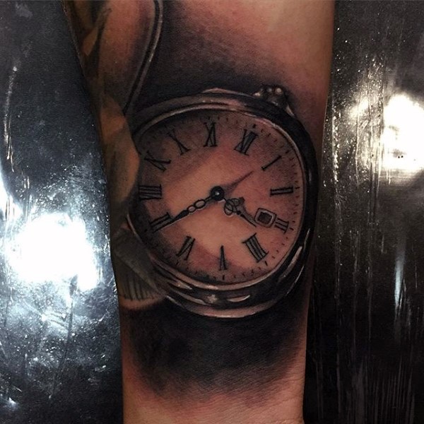 3D like black ink antic pocket clock tattoo on arm