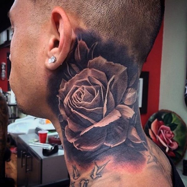 3D like black ink big rose tattoo on neck