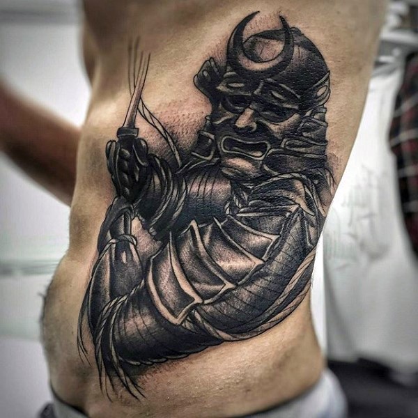 3D like black ink big side tattoo of furious samurai warrior